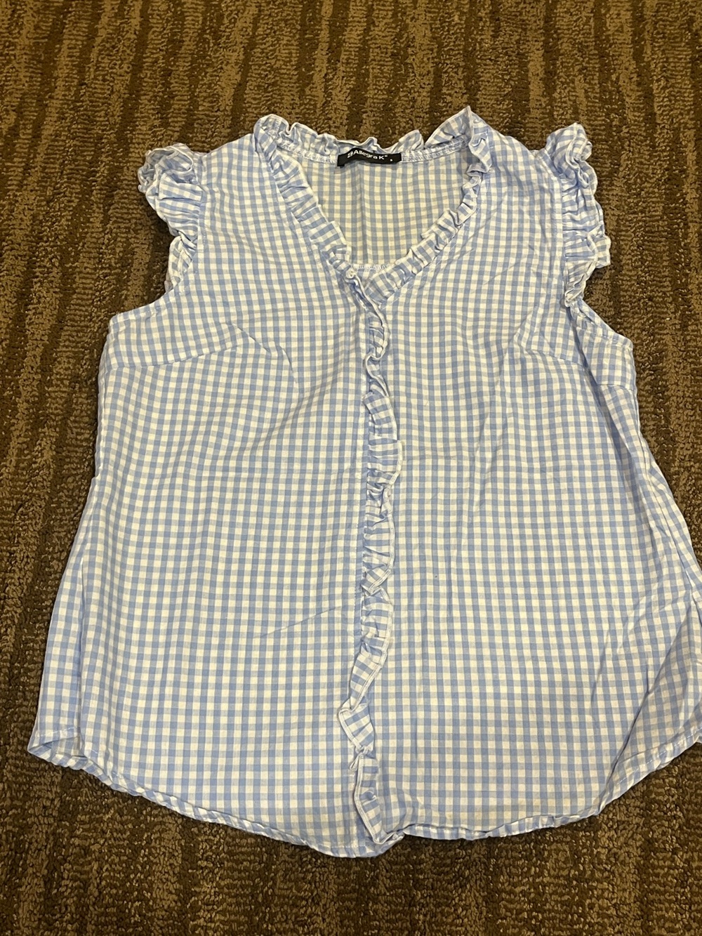 Allegra K Light Blue Gingham Ruffle Cap-Sleeve Top Small